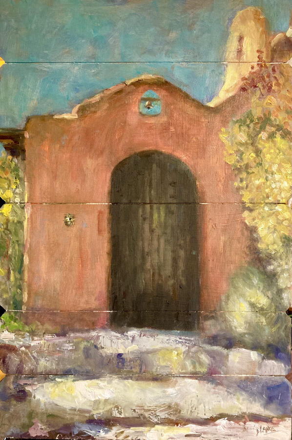 The Mission, Taos — Oil on wood panel, 17x23 in., $750