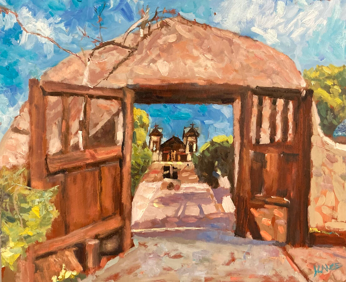 Chimayo, Open Arms — oil on wood panel • 16 x 20 in., $950 ——- Inspired by the landscape and light of Chimayo, New Mexico, the painting explores the unique architecture and light of this historic church.